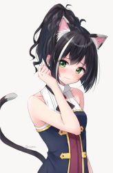 Rule 34 | 1girl, animal ear fluff, animal ears, anz32, bad id, bad pixiv id, bare arms, bare shoulders, black hair, blush, breasts, cat ears, cat girl, cat tail, closed mouth, commentary request, green eyes, grey background, karyl (princess connect!), looking at viewer, multicolored hair, ponytail, princess connect!, shirt, simple background, sleeveless, sleeveless shirt, small breasts, solo, streaked hair, tail, twitter username, upper body, wavy mouth, white hair, white shirt