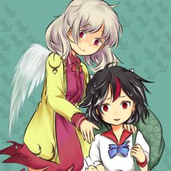 Rule 34 | 2girls, arrow (symbol), backpack, bad id, bad pixiv id, bag, beikeice, cone horns, dress, empty eyes, green background, grey horns, hand on another&#039;s shoulder, horns, jacket, kijin seija, kishin sagume, long sleeves, looking at viewer, multicolored hair, multiple girls, open clothes, open jacket, open mouth, patterned background, purple dress, red eyes, ribbon, scared, short hair, silver hair, simple background, single wing, smile, streaked hair, sweat, touhou, wings