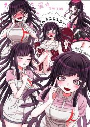 Rule 34 | 1girl, :d, apron, ass, bare shoulders, black hair, blush, breasts, collarbone, collared shirt, crying, danganronpa (series), danganronpa 2: goodbye despair, grabbing, grabbing from behind, hands up, heart, highres, index finger raised, large breasts, long hair, miniskirt, mole, mole under eye, mozuku (iiiiiiimomo), multiple views, octopus, open mouth, own hands together, pink eyes, pink headwear, pink shirt, pleated skirt, puffy short sleeves, puffy sleeves, saliva, shiny skin, shirt, short sleeves, skirt, smile, translation request, tsumiki mikan, two-tone shirt, wet, white apron, white background