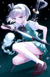 Rule 34 | 1girl, absurdres, ass, black hairband, brown footwear, fighting stance, full body, green skirt, green vest, grey hair, hairband, highres, hitodama, holding, holding sword, holding weapon, katana, konpaku youmu, konpaku youmu (ghost), loafers, looking at viewer, pleated skirt, pomeo dayo, puffy short sleeves, puffy sleeves, scabbard, sheath, shirt, shoes, short hair, short sleeves, skirt, socks, solo, squatting, sword, sword behind back, touhou, unsheathing, vest, weapon, white shirt, white socks