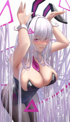 Rule 34 | 1girl, absurdly long hair, animal ears, armpits, bare shoulders, blush, breasts, detached collar, fake animal ears, highres, large breasts, leotard, long hair, looking at viewer, necktie, original, pantyhose, playboy bunny, purple eyes, rabbit ears, silver bullet (ecc12 8), solo, strapless, strapless leotard, sweat, very long hair, wrist cuffs