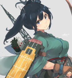 Rule 34 | 1girl, arrow (projectile), blue eyes, blue hair, bow (weapon), breasts, brown gloves, flight deck, gloves, green kimono, grey background, hair ribbon, highres, japanese clothes, kantai collection, kimono, large breasts, looking at viewer, partially fingerless gloves, partly fingerless gloves, quiver, ribbon, rigging, short twintails, sidelocks, signature, simple background, single glove, smile, solo, souryuu (kancolle), sunday aki, twintails, upper body, weapon, wide sleeves, yugake