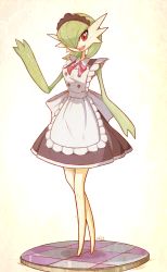 Rule 34 | 1girl, alternate costume, apron, beige background, black dress, blush, bob cut, bow, breasts, clothed pokemon, colored skin, creatures (company), dated, dress, full body, game freak, gardevoir, gen 3 pokemon, green hair, green skin, hair over one eye, hairband, hand up, highres, looking at viewer, maid, maid apron, maid headdress, multicolored skin, nintendo, open mouth, pokemon, pokemon (creature), pokemon rse, red bow, red eyes, sally (luna-arts), short hair, signature, simple background, small breasts, smile, solo, standing, teeth, two-tone skin, waving, white bow, white skin