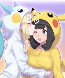 Rule 34 | 2girls, black hair, blonde hair, blush, breasts, buttons, closed eyes, collarbone, commentary request, cosplay, creatures (company), eyelashes, game freak, gen 1 pokemon, gen 4 pokemon, grey eyes, heart, highres, hood, hood up, kiss, lillie (pokemon), long hair, long sleeves, looking at another, mizuumi (bb), multiple girls, nintendo, one eye closed, open mouth, pachirisu, pachirisu (cosplay), pikachu, pikachu (cosplay), pokemon, pokemon sm, selene (pokemon), teeth, upper teeth only, yuri