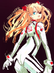 Rule 34 | 1girl, ass, blue eyes, bodysuit, boyaking, breasts, brown hair, dated, evangelion: 3.0+1.0 thrice upon a time, eyepatch, hair ornament, highres, lips, long hair, looking at viewer, looking back, neon genesis evangelion, pilot suit, plugsuit, rebuild of evangelion, shiny clothes, skin tight, smile, solo, souryuu asuka langley, two side up, very long hair, white bodysuit