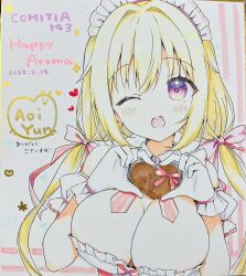 1girl ;d aoi_yun bare_shoulders blonde_hair bow breasts candy character_request chocolate chocolate_heart cleavage commentary copyright_request dated food frilled_gloves frills gloves hair_intakes heart heart-shaped_food heart_hands highres holding holding_chocolate holding_food large_breasts long_hair low_twintails maid maid_headdress marker_(medium) off_shoulder one_eye_closed open_mouth pale_skin photo_(medium) pink_bow pink_ribbon purple_eyes ribbon signature smile solo traditional_media twintails unconventional_maid valentine white_gloves