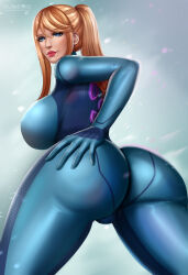 Rule 34 | 1girl, abstract background, ass, blonde hair, blue eyes, blue suit, bodysuit, breasts, cleavage, curvy, deviantart, female focus, flowerxl, formal, from behind, hand on ass, huge ass, huge breasts, looking at viewer, looking back, metroid, nintendo, ponytail, red lips, samus aran, solo, suit, zero suit