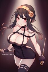 Rule 34 | 1girl, black dress, black hair, breasts, cleavage, dress, highres, knife, large breasts, r0cketcat, red eyes, solo, spy x family, yor briar