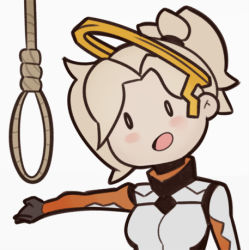 Rule 34 | 1girl, black eyes, black gloves, blonde hair, female focus, flat color, gloves, halo, long hair, looking at viewer, lowres, mercy (overwatch), noose, open mouth, overwatch, overwatch 1, ponytail, rope, simple background, solo, splashbrush, upper body, white background