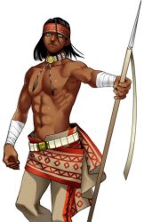 Rule 34 | 1boy, bare pectorals, black hair, closed mouth, cowboy shot, dark skin, dark-skinned male, fate/grand order, fate (series), geronimo (fate), looking at viewer, male focus, native american, nipples, ocha kumi, pants, pectorals, polearm, short hair, simple background, solo, spear, weapon, white background, aged down