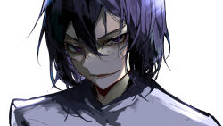 Rule 34 | 1boy, absurdres, bungou stray dogs, fyodor dostoyevsky (bungou stray dogs), hair between eyes, highres, looking at viewer, lower teeth only, male focus, open mouth, portrait, purple eyes, purple hair, shirt, short hair, simple background, smile, solo, sweat, sweatdrop, teeth, v-shaped eyebrows, white background, white shirt, ya ta