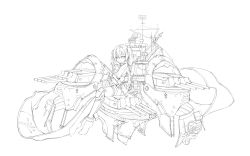 Rule 34 | 1girl, absurdres, artillery, azur lane, barefoot, child, conde (large cruiser), cross, cross necklace, greyscale, gun, hair between eyes, highres, holding, holding gun, holding weapon, jewelry, knee pads, lineart, long hair, looking at viewer, mechanical arms, monochrome, necklace, nerone-claudius, original, personification, rifle, rigging, simple background, single mechanical arm, sitting, solo, turret, twintails, weapon, white background