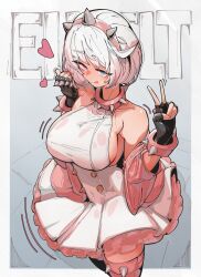 Rule 34 | 1girl, :p, absurdres, azz0422, blue eyes, boots, bracelet, breasts, character name, collar, dress, elphelt valentine, frilled dress, frills, guilty gear, guilty gear strive, hairband, highres, jewelry, large breasts, long sleeves, looking at viewer, pink dress, pink footwear, pink hairband, short hair, sideboob, smile, spiked bracelet, spiked collar, spiked hairband, spikes, thigh boots, tongue, tongue out, two-tone dress, v, white dress, white hair