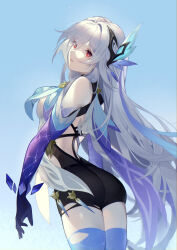 Rule 34 | 1girl, absurdres, ass, bare shoulders, black shorts, blue thighhighs, breasts, commentary request, cowboy shot, detached sleeves, dress, elbow gloves, from behind, genshin impact, gloves, gradient sleeves, grey hair, hair ornament, high-waist shorts, highres, legs together, light blue background, looking at viewer, looking back, medium breasts, outstretched arms, parted lips, purple gloves, red eyes, shorts, sidelocks, skirk (genshin impact), solo, thighhighs, white dress, woodylixx