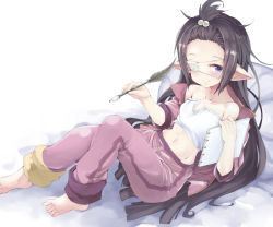Rule 34 | 1girl, bangs pinned back, bare shoulders, barefoot, black hair, blue eyes, blunt bangs, blush, breasts, collarbone, commentary request, eyepatch, feathers, granblue fantasy, holding, holding paper, jacket, long hair, lunalu (granblue fantasy), lying, medical eyepatch, midriff, navel, noa (nagareboshi), off shoulder, paper, pink legwear, pointy ears, quill, shirt, short sleeves, sleeveless, sleeveless shirt, small breasts, smile, solo, strapless, strapless shirt, white shirt, wide hips