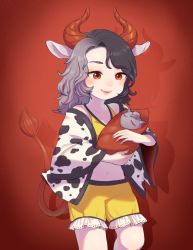 Rule 34 | 1girl, an-chan (ananna0315), animal ears, animal print, black hair, commentary request, cow ears, cow horns, cow print, cow tail, cowboy shot, crop top, frilled shorts, frills, grey hair, haori, highres, horns, japanese clothes, lips, medium hair, multicolored hair, navel, red background, red eyes, red horns, red tail, shorts, split-color hair, stomach, tail, touhou, two-tone hair, ushizaki urumi, yellow shorts