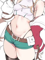 Rule 34 | 1girl, aqua shorts, arm behind back, arm belt, arm up, bare shoulders, belt, belt pouch, black thighhighs, blonde hair, breasts, brown belt, character request, cleavage, commentary, copyright request, cowboy shot, crop top, fur-trimmed jacket, fur trim, groin, highleg, jacket, long hair, midriff, navel, off shoulder, oimo 0imo, open clothes, pouch, red jacket, short shorts, shorts, sidelocks, simple background, skindentation, small breasts, solo, standing, stomach, thighhighs, thighs, underwear, white background