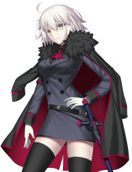 Rule 34 | 1girl, ahoge, alternate costume, black thighhighs, buttons, contrapposto, cowboy shot, double-breasted, fate/grand order, fate (series), fur-trimmed collar, fur trim, gloves, grey hair, hair between eyes, hand on own hip, highres, jacket, jacket on shoulders, jeanne d&#039;arc (fate), jeanne d&#039;arc alter (avenger) (fate), jeanne d&#039;arc alter (fate), looking to the side, mishiro (ixtlolton), short hair, smirk, solo, sword, thighhighs, thighs, weapon, white background, white gloves, yellow eyes, zettai ryouiki