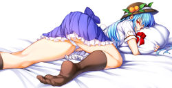 Rule 34 | 1girl, bed sheet, black socks, blue hair, blue skirt, breasts, covered mouth, feet, food, frilled skirt, frills, from behind, from below, fruit, hat, hat ribbon, hinanawi tenshi, hugging object, kneehighs, kyokucho, leaf, long hair, looking at viewer, lying, miniskirt, no shoes, on bed, on stomach, panties, pantyshot, peach, pillow, pillow hug, pleated skirt, red eyes, ribbon, shirt, short sleeves, skirt, socks, soles, solo, striped clothes, striped panties, toes, touhou, underwear, upskirt, white shirt