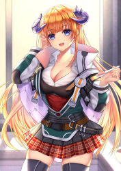 Rule 34 | 1girl, :d, arknights, bagpipe (arknights), blue eyes, breasts, cleavage, cloud (cloud-v-), collarbone, commentary, cowboy shot, green jacket, hands up, head tilt, high collar, highres, holding, holding spoon, horns, indoors, jacket, large breasts, long hair, long sleeves, looking at viewer, miniskirt, open mouth, orange hair, plaid, plaid skirt, pleated skirt, red skirt, skirt, smile, solo, spoon, standing, thighhighs, very long hair, zettai ryouiki