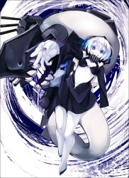 Rule 34 | 10s, 1girl, abyssal ship, breasts, clenched teeth, eorx, glowing, glowing eyes, highres, hood, jacket, kantai collection, looking at viewer, md5 mismatch, navel, o-ring, o-ring top, open clothes, open jacket, pale skin, purple eyes, re-class battleship, short hair, smile, solo, teeth, white hair