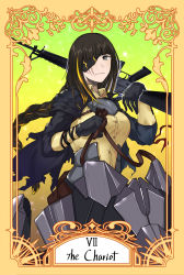 Rule 34 | 1girl, absurdres, armor, assault rifle, baggy pants, black gloves, black hair, blonde hair, braid, breasts, cloak, english text, eyepatch, girls&#039; frontline, gloves, grey eyes, gun, hair ornament, highres, long braid, long hair, looking at viewer, m16, m16a1, m16a1 (girls&#039; frontline), multicolored hair, over shoulder, pants, rifle, roman numeral, scar, scar across eye, scar on face, shirt, simple background, solo, stigmamyu, tarot, tarot (medium), the chariot (tarot), weapon, weapon over shoulder, yellow shirt
