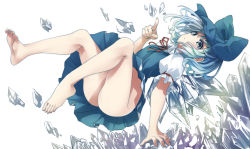 Rule 34 | 1boy, ass, barefoot, blue dress, blue eyes, blue hair, bow, cirno, collared shirt, commentary, dress, english commentary, expressionless, green bow, hair bow, highres, ice, ice wings, looking at viewer, neck ribbon, no panties, pegashi, pinafore dress, puffy short sleeves, puffy sleeves, red ribbon, ribbon, shirt, short dress, short hair, short sleeves, simple background, sleeveless dress, solo, touhou, white background, white shirt, wings