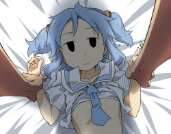 Rule 34 | 1girl, bed sheet, blue hair, clothes lift, collarbone, cube hair ornament, forced, hair ornament, imminent rape, jitome, lying, naganohara mio, necktie, nichijou, on back, pov, school uniform, shadow, shirt lift, short hair, short twintails, solo focus, takeya yuuki, tokisadame school uniform, twintails, you gonna get raped