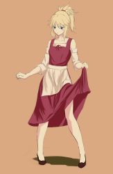 Rule 34 | absurdres, alternate costume, clothes lift, dress, dress lift, fate/grand order, fate (series), full body, highres, mordred (fate), mordred (fate/apocrypha), oishii2929, orange background, simple background, standing, v-shaped eyebrows
