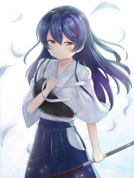 Rule 34 | 1girl, archery, blue hair, bow (weapon), commentary request, crying, hair between eyes, hakama, hakama skirt, holding, holding bow (weapon), holding weapon, japanese clothes, kyuudou, long hair, love live!, love live! school idol festival, love live! school idol project, motokonut, muneate, skirt, solo, sonoda umi, weapon, yellow eyes