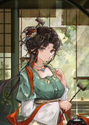 Rule 34 | 1girl, absurdres, alcohol, architecture, banbi, black eyes, black hair, breasts, chinese clothes, chinese hairpin, day, dipper, east asian architecture, facial mark, forehead mark, forest, green shirt, hair bun, hair ornament, hands up, hanfu, highres, holding, holding spoon, indoors, jewelry, jiu niangzi, jug (bottle), layered sleeves, liquor, long hair, long sleeves, looking at viewer, medium breasts, nature, necklace, parted lips, pouring, red shawl, reverse:1999, shawl, shirt, short over long sleeves, short sleeves, shuidao hanyue, single side bun, skirt, solo, spoon, tassel, tassel hair ornament, tree, upper body, vase, white sleeves, yellow skirt