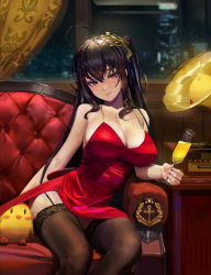 Rule 34 | 1girl, 1s44c, absurdres, ahoge, alcohol, azur lane, bare shoulders, black hair, black thighhighs, breasts, champagne, champagne flute, cityscape, cleavage, cocktail dress, couch, cup, curtains, dated commentary, dress, drinking glass, garter straps, hair between eyes, hair ornament, highres, holding, huge filesize, indoors, lace trim, large breasts, long hair, looking at viewer, los angeles, manjuu (azur lane), night, official alternate costume, phonograph, red dress, red eyes, shelf, sidelocks, sitting, smile, taihou (azur lane), taihou (forbidden feast) (azur lane), thighhighs, two side up, very long hair, window