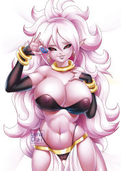 Rule 34 | 1girl, abs, absurdres, android 21, bare shoulders, black sclera, bracelet, breasts, cameltoe, cleavage, cleft of venus, collar, colored sclera, colored skin, covered erect nipples, cowboy shot, curly hair, dragon ball, dragon ball fighterz, ear piercing, earrings, egg, elbow gloves, female focus, gloves, groin, hair between eyes, highres, holding, holding egg, hoop earrings, huge breasts, jewelry, legs, lenadai, pink hair, looking at viewer, majin android 21, navel, nipples, parted lips, piercing, pink hair, pink skin, pointy ears, pussy, red eyes, revealing clothes, see-through, simple background, smile, solo, standing, strapless, thigh gap, thighs, thong, toned, tube top, white background