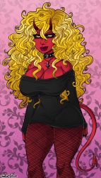 Rule 34 | 1girl, ass, bare shoulders, black sclera, blonde hair, breasts, choker, colored sclera, colored skin, cross, curvy, demon girl, female focus, highres, horns, huge ass, large breasts, looking at viewer, original, red skin, shirt, sleeveless, sleeveless shirt, solo, yellow eyes
