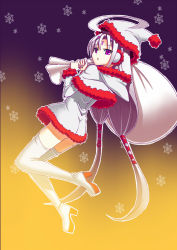 Rule 34 | 1girl, ahoge, ass, boots, christmas, dimples of venus, dress, forehead jewel, fur trim, gradient background, hat, high heel boots, high heels, highres, holding, koyama keisuke, long hair, low twintails, outline, purple eyes, sack, santa costume, santa hat, snowflakes, solo, thigh boots, thighhighs, twintails, under night in-birth, vatista, very long hair, white footwear, white hair, white thighhighs