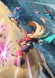 Rule 34 | 1boy, absurdres, arm support, battle, blonde hair, firing, from behind, helmet, highres, holding, holding sword, holding weapon, kuwagust anchus, mega man (series), mega man zero (series), mega man zero 2, on one knee, ponytail, robot, spacecraft, sword, tanziya (codlxcold), weapon, zero(z) (mega man), zero (mega man)