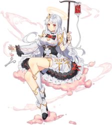 Rule 34 | 1girl, angel, ark order, artist request, bandaged arm, bandages, black bow, blood, blood bag, boots, bow, braid, breasts, cloud, cross, detached sleeves, dress, flower, frilled dress, frills, full body, hair flower, hair ornament, halo, intravenous drip, large breasts, long hair, official art, pincers (tool), raphael (ark order), red flower, red rose, rose, scissors, sidelocks, single sleeve, sitting, smoke, socks, solo, string, string of fate, surgical scissors, syringe, tachi-e, thighlet, transparent background, very long hair, white dress, white flower, white footwear, white hair, white rose, white socks