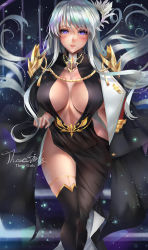 Rule 34 | 1girl, absurdres, artist name, azur lane, black thighhighs, blush, breasts, capelet, cleavage cutout, cloak, clothing cutout, enterprise (azur lane), enterprise (heroic finery) (azur lane), feather hair ornament, feathers, hair ornament, highres, jewelry, large breasts, long hair, looking at viewer, necklace, purple eyes, silver hair, smile, solo, thighhighs, those girls, very long hair