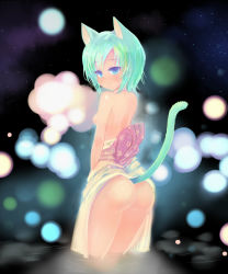 Rule 34 | 1girl, animal ears, ass, bad id, bad pixiv id, blush, breasts, cat ears, cat tail, chaudlapin, from behind, night, nipples, original, partially submerged, short hair, small breasts, smile, solo, standing, tail, topless, wading, water, wet, wet clothes