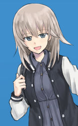 Rule 34 | 10s, 1girl, backpack, bag, black jacket, blue eyes, blue shirt, collared shirt, commentary, girls und panzer, itsumi erika, jacket, letterman jacket, long hair, long sleeves, looking at viewer, mutsu (layergreen), open clothes, open jacket, open mouth, shirt, silver hair, simple background, smile, solo, standing, upper body