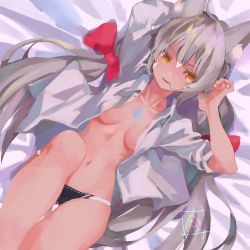 Rule 34 | 1girl, animal ears, bed, blunt bangs, breasts, cat ears, catalyst scimitar, gloves, long hair, looking at viewer, low twintails, lying, medium breasts, navel, nia (blade) (xenoblade), nia (xenoblade), nintendo, niyah, on back, panties, ribbon, shirt, silver hair, simple background, smile, solo, sou (pale 1080), spoilers, twintails, underwear, very long hair, white gloves, xenoblade chronicles (series), xenoblade chronicles 2, yellow eyes