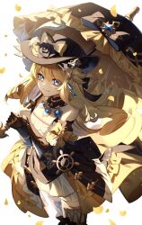 Rule 34 | 1girl, absurdres, bare shoulders, black headwear, blonde hair, blue eyes, bow, breasts, cleavage, commentary request, cowboy shot, detached sleeves, dress, genshin impact, highres, hizuki miya, holding, holding umbrella, jewelry, long hair, looking at viewer, medium breasts, navia (genshin impact), necklace, simple background, smile, solo, standing, thighhighs, umbrella, very long hair, white background, yellow bow
