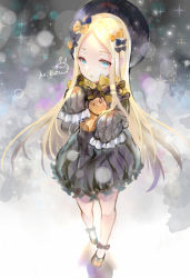Rule 34 | 1girl, abigail williams (fate), black bow, black dress, black footwear, black hat, blonde hair, blue eyes, bow, bug, butterfly, commentary request, dress, fate/grand order, fate (series), full body, hair bow, hands in opposite sleeves, hat, holding, holding stuffed toy, insect, long hair, long sleeves, looking at viewer, mirutu, orange bow, parted bangs, parted lips, polka dot, polka dot bow, shoes, signature, solo, sparkle, standing, stuffed animal, stuffed toy, teddy bear, very long hair