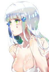 Rule 34 | 1girl, bare arms, bare shoulders, blunt bangs, breasts, cleavage, collarbone, commentary request, cross hair ornament, dress, eyelashes, facial mark, girls&#039; frontline, gradient eyes, gradient hair, green eyes, green hair, hair ornament, highres, hk416 (girls&#039; frontline), long hair, looking away, medium breasts, multicolored eyes, multicolored hair, parted lips, reiko (pixiv17044168), shiny skin, sidelocks, simple background, sleeveless, sleeveless dress, solo, spaghetti strap, teardrop, white background, white dress, white hair