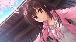 Rule 34 | 1girl, akizora momiji, brown hair, building, cherry blossoms, close-up, game cg, highres, hood, hoodie, inochi no spare - i was born for you, long hair, looking at viewer, petals, red eyes, shukugawa meguri, smile, solo, solo focus