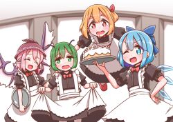 Rule 34 | 4girls, alternate costume, animal ears, antennae, apron, bird ears, bird wings, black dress, blonde hair, blue bow, blue eyes, blue hair, blush, bow, cake, cirno, closed eyes, clothes lift, commission, detached wings, dress, dress lift, drooling, enmaided, fairy, food, green eyes, green hair, hair between eyes, hair bow, hair ribbon, highres, holding, holding tray, ice, ice wings, lifting own clothes, maid, maid apron, multiple girls, mystia lorelei, open mouth, pink hair, red eyes, red ribbon, ribbon, roco (katsuya1011), rumia, short hair, short sleeves, skeb commission, smile, strawberry shortcake, team 9 (touhou), touhou, tray, white apron, white wings, wings, wriggle nightbug