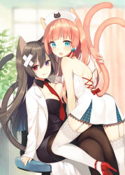 Rule 34 | 2girls, :q, animal ears, black legwear, blue eyes, blush, breast press, breasts, cat ears, cat girl, cat tail, chair, cleavage, crossed legs, detached collar, fang, female focus, garter straps, hat, heterochromia, high heels, ichijou kokona, lab coat, lace, lace-trimmed legwear, lace trim, large breasts, long hair, looking at viewer, md5 mismatch, midorikawa you, multiple girls, multiple tails, necktie, nekomata, nurse cap, office chair, open mouth, orange hair, original, pantyhose, purple eyes, red eyes, resolution mismatch, sitting, smile, source smaller, swivel chair, tail, tail grab, thighhighs, tongue, tongue out, zettai ryouiki