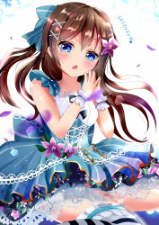 Rule 34 | 1girl, :o, absurdres, alternate hairstyle, aqua bow, aqua dress, aqua eyes, aqua skirt, artist name, artist request, back bow, bare shoulders, black bow, black legwear, blooming garden (love live!), blue eyes, blush, bow, bowtie, bracelet, breasts, bridal garter, brown hair, center frills, close-up, collarbone, criss-cross halter, cross-laced clothes, cross-laced dress, curly hair, dress, falling petals, female focus, fingering, fingers together, floating hair, floral print, flower, flower bracelet, flower dress, flower hair ornament, flower print, frilled dress, frilled legwear, frilled skirt, frills, gem, hair between eyes, hair bow, hair flower, hair ornament, halterneck, high ponytail, highres, jewelry, key, charm (object), keyhole, long hair, looking at viewer, love live!, love live! nijigasaki high school idol club, love live! school idol festival, love live! school idol festival all stars, miniskirt, nail, nail polish, osaka shizuku, own hands together, parted lips, pearl (gemstone), pearl bracelet, petals, pink nails, plaid, plaid dress, plaid skirt, pleated, pleated dress, pleated skirt, pocket watch, ponytail, purple bow, purple flower, skirt, sleeveless, sleeveless dress, smile, solo, striped bow, striped clothes, striped dress, striped legwear, striped skirt, vertical-striped clothes, vertical-striped dress, vertical-striped skirt, watch, wavy hair, white background, white legwear, white wrist cuffs, wrist cuffs, x hair ornament