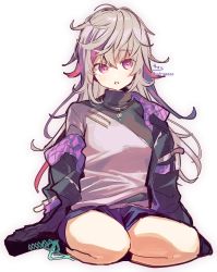 Rule 34 | 1girl, absurdres, black footwear, black jacket, boots, breasts, cross-laced footwear, full body, fuwa minato, genderswap, genderswap (mtf), grey shirt, hair between eyes, highres, jacket, lace-up boots, multicolored hair, nijisanji, off shoulder, open clothes, open jacket, parted lips, purple eyes, purple hair, purple shorts, red hair, shirt, short shorts, shorts, signature, simple background, sitting, sleeves past wrists, small breasts, sofra, solo, streaked hair, twitter username, virtual youtuber, wariza, white background