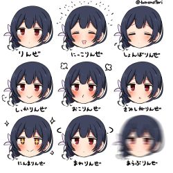 Rule 34 | 1girl, :i, afterimage, blue hair, blush, chibi, closed eyes, closed mouth, expressions, flower, hair flower, hair ornament, head, idolmaster, idolmaster shiny colors, morino rinze, multiple views, open mouth, red eyes, short hair, simple background, smile, torinabe, translated, twitter username, white background